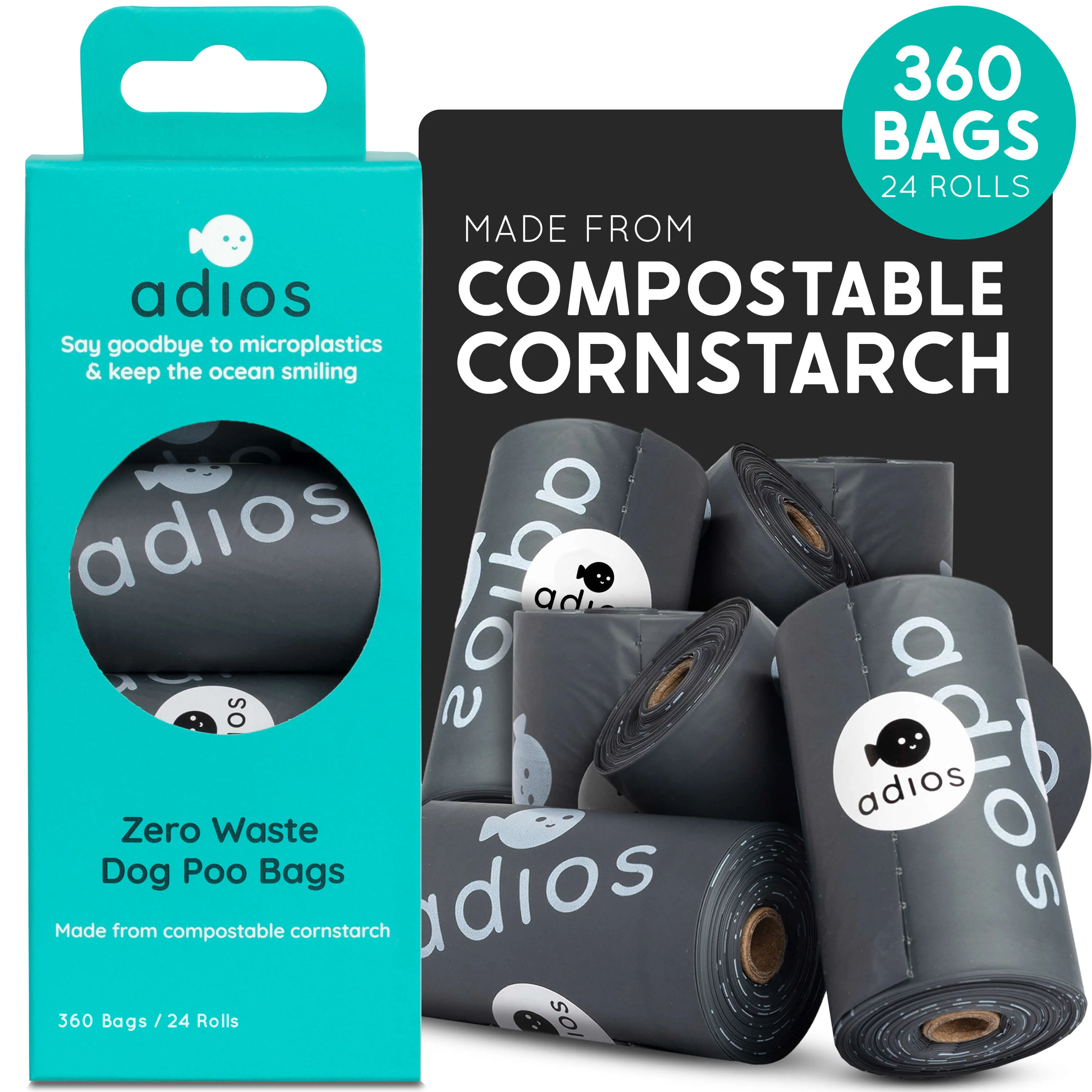Adios Compostable Dog Poo Bags Non Handled Slate Grey Rolls 4x15