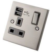 Stainless Steel 1 Gang Socket c/w USB Outlets 6033-912 - Grey Insert