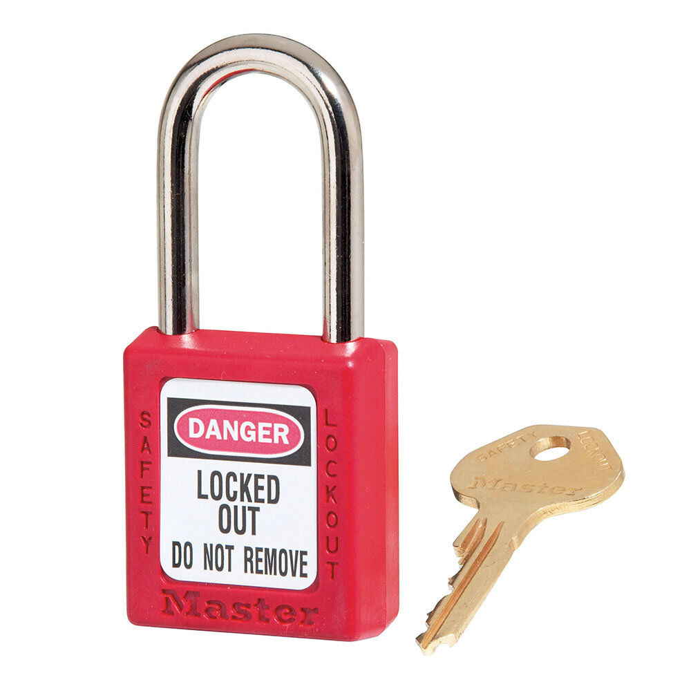 Master Lock Red Zenex™ thermoplastic safety padlock, 38mm wide with 38mm tall shackle, keyed alike