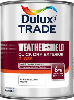 Dulux Trade Weathershield Quick Dry Exterior Gloss Pure Brilliant White 1L Paint 5093119