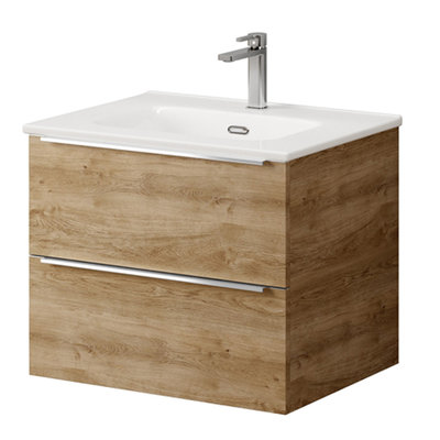 Kara 60cm 2 Drawer Wall Hung Unit & Basin Natural Oak