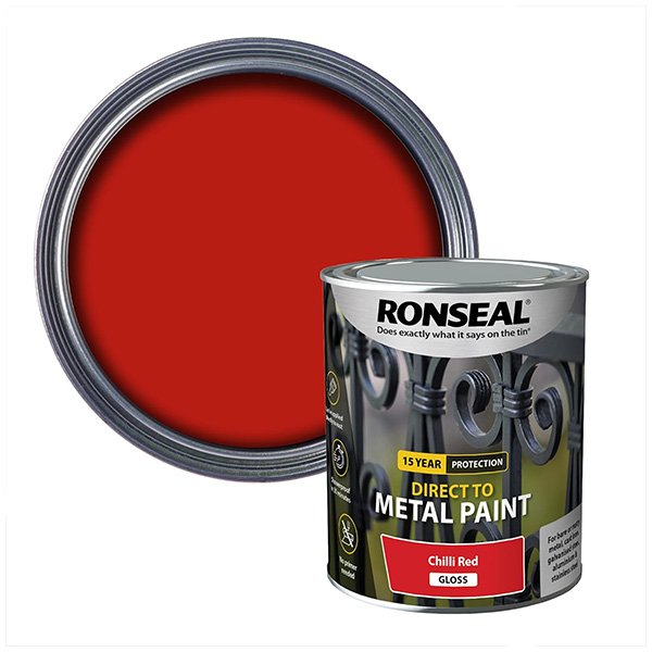Ronseal Direct to Metal Paint Chilli Red Gloss Tin & Swatch