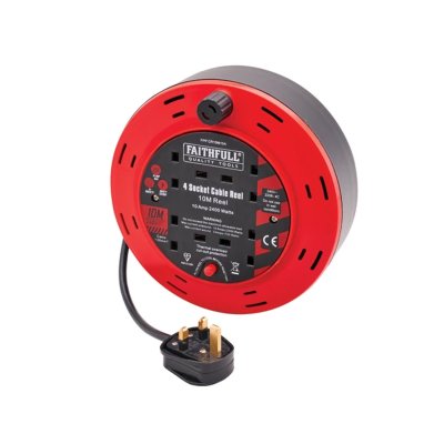 Faithfull 10m Cable Reel 10A, 4 Sockets