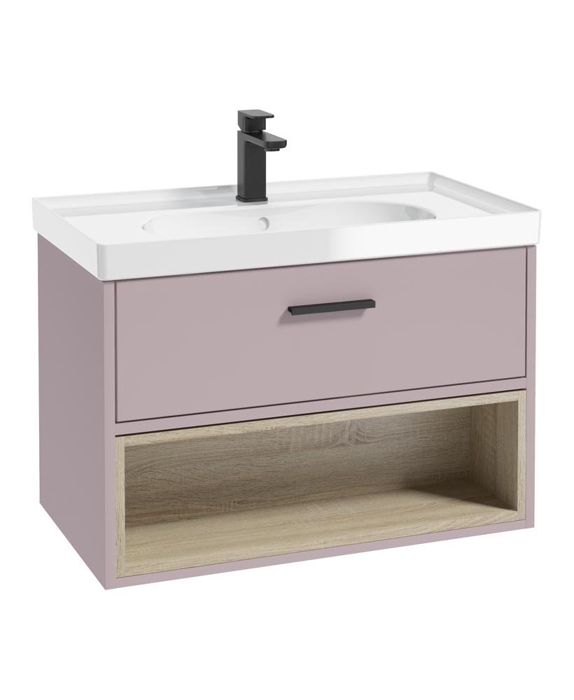 MALMO 80CM SINGLE DRAWER OPEN SHELF CASHMERE PINK MATT VANITY UNIT GLOSS BASIN - BRUSHED CHROME HANDLE