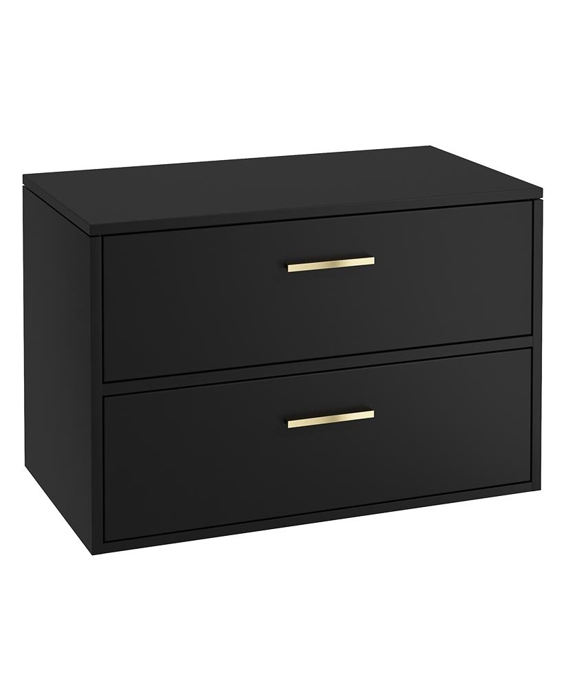 FINLAND 80CM TWO DRAWER WALL HUNG MATT BLACK COUNTERTOP VANITY UNIT - BRUSHED GOLD HANDLE