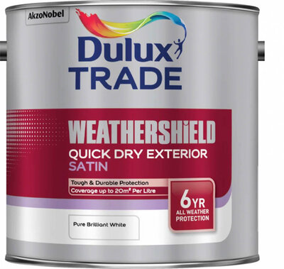 Dulux Trade Weathershield Quick Dry Exterior Satin Pure Brilliant White 2.5L 5082971