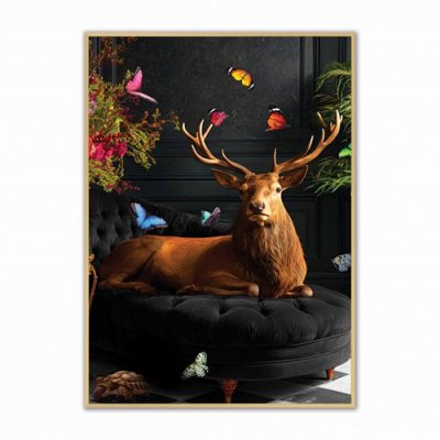 Stately Royal Stag Velvet Canvas Art &ndash; 93 x 68cm (Gold Frame)