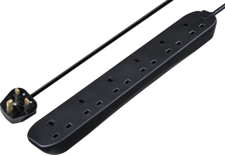 Masterplug BSG210NB 6 socket extension lead black front view showing socket layout and cable entry point