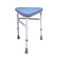 Height adjustable triangular shower stool fits neatly into corner of shower.