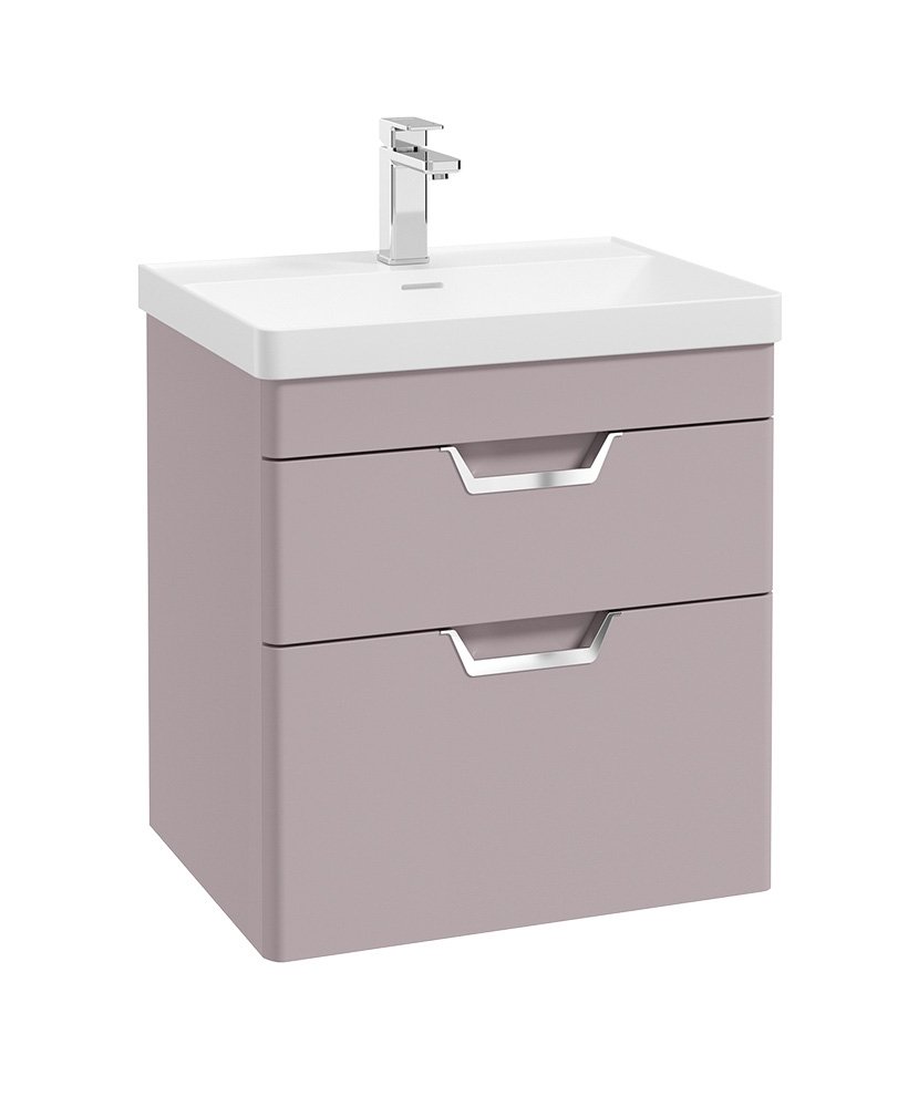 FREYA 60CM 2 DRAWER WALL HUNG VANITY UNIT MATT CASHMERE PINK-BRUSHED CHROME HANDLE