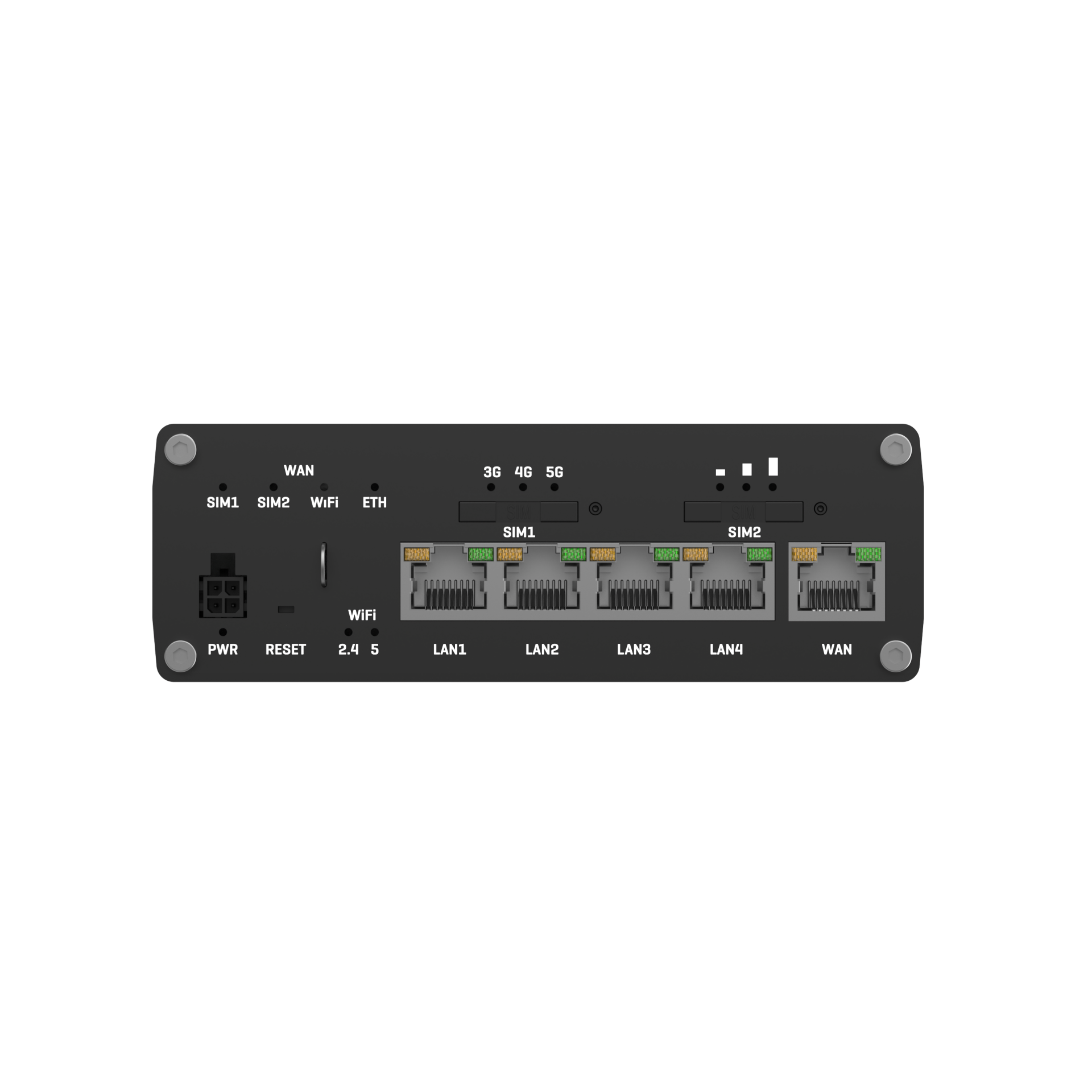Teltonika RUTM51 mounted on wall with power and Ethernet connections visible