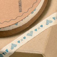 Natural Ribbon With Blue Hearts - 10mm x 10m