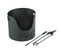 BLACK LOG BUCKET WITH TONGS & POKER