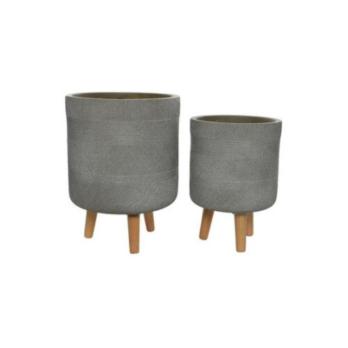 Fibre Clay Planter With Wood Legs - Set