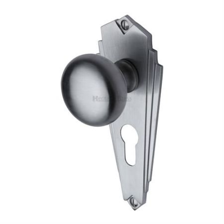 BR1848-SC - Heritage Brass Mortice Knob on Euro Profile Plate Broadway Design Satin Chrome Finish