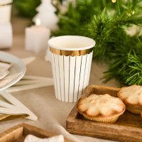 Gold & White Striped Paper Cups - Pack of 8