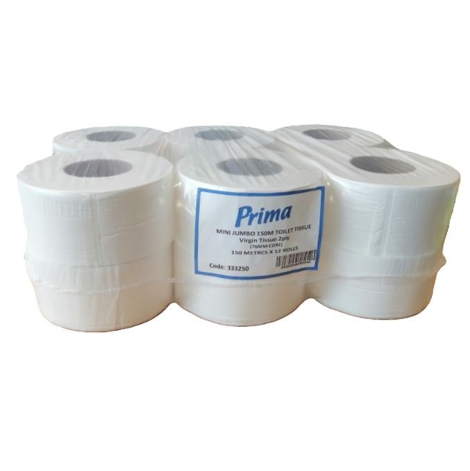 Prima Mini Jumbo Toilet Roll Virgin Tissue (3"Core) 150m x 12 rolls