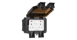 Knightsbridge 2G IP66 Black Outdoor Socket C/w Neons OP9N