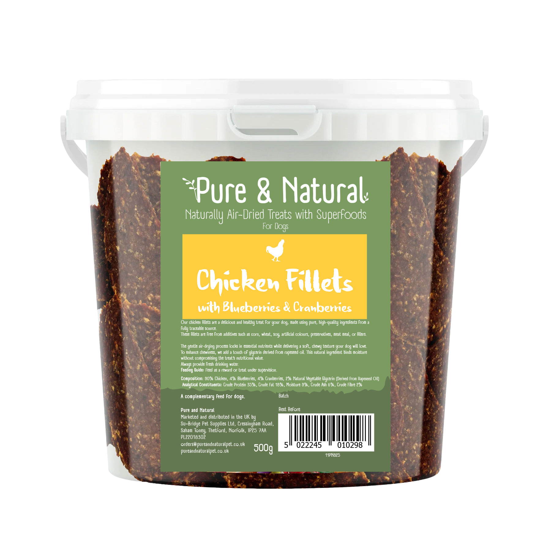 Pure & Natural PN825 Air Dried Chicken Fillets Treats with Superfoods Blueberries and Cranberries Tub 500gm