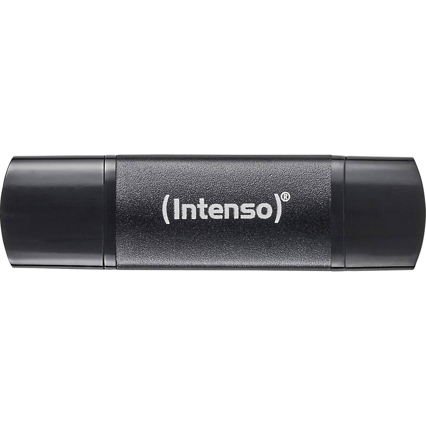 Front view Intenso Flex Line 32GB USB flash drive USB-C and USB-A aluminium body black design 