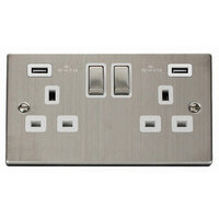 Deco Stainless Steel 13A 2G USB Switched Socket White Ingot