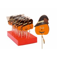 Hand decorated solid milk chocolate pumpkin lollies display - 18 x 35g