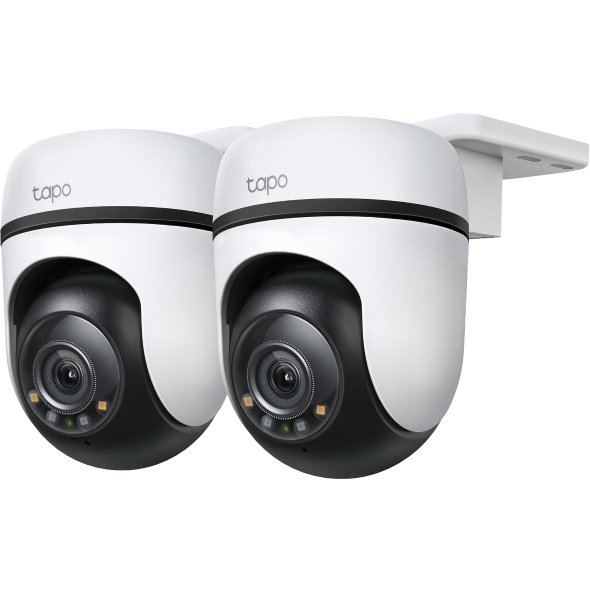 Outdoor Pan Tilt Security WiFi Camera Tapo C510W front view showing lens, dual spotlights, and camera housing design
