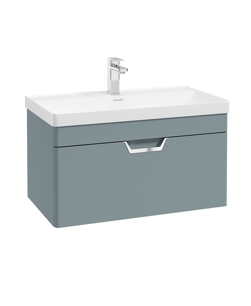 FREYA 80CM 1 DRAWER WALL HUNG VANITY UNIT MATT CORAL GREEN-BRUSHED CHROME HANDLE