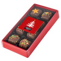 8 chocolate fudge pieces in red gift box with clear lid and red sticker 8x140g