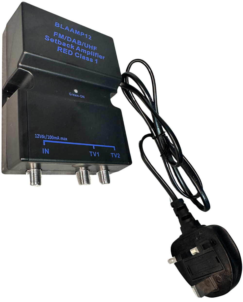 BLAAMP12 2-way TV FM DAB distribution amplifier with 8dB gain and low noise signal enhancement
