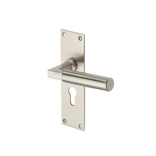 BAU7348-SN - Heritage Brass Door Handle for Euro Profile Plate Bauhaus Design Satin Nickel Finish