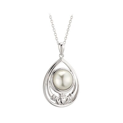 contemporary irish sterling silver claddagh glass pearl pendant S46834 on 18 inch sterling silver rolo chain from Solvar Jewellery