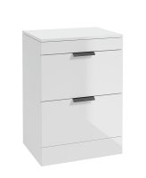 STOCKHOLM GLOSS WHITE 60CM 2 DRAWER COUNTERTOP FLOOR STANDING VANITY UNIT - MATT BLACK HANDLE
