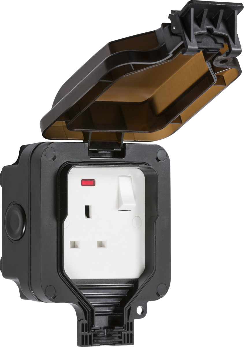 Knightsbridge 1G IP66 Black Outdoor Socket C/w Neon OP7N