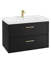 FINLAND 80CM TWO DRAWER WALL HUNG MATT BLACK VANITY UNIT - BRUSHED GOLD HANDLE