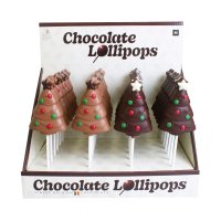 Decorated solid milk and dark Christmas tree lollies in display - 24 x 30g