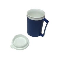Plastic mug with double wall for insulation and large handle.
