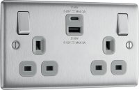 NEXUS BRUSHED STEEL 13A DOUBLE SWITCHED POWER SOCKET + USB A+C (22W) - BRUSHED STEEL + GREY INSERT