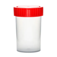 Specimen container made of PP. Vol: 60 ml. Sterile. Ind. wrapped. Cap color: red. Dim: 38 x 65 mm.