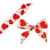 Elegance White ribbon with red hearts (wired edges) - 25mmx15m