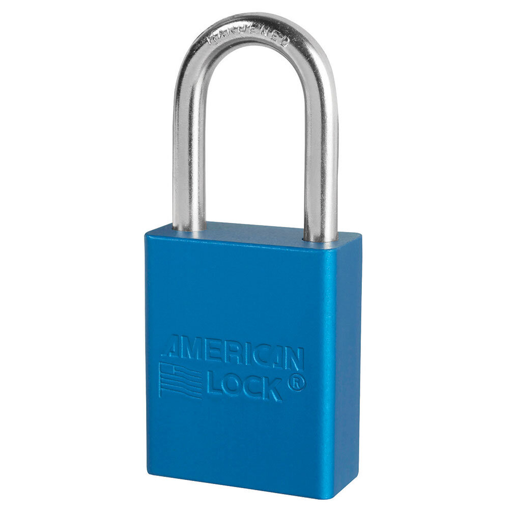 Master Lock Blue anodized aluminum safety padlock, 38mm wide with 38mm tall shackle, master keyed