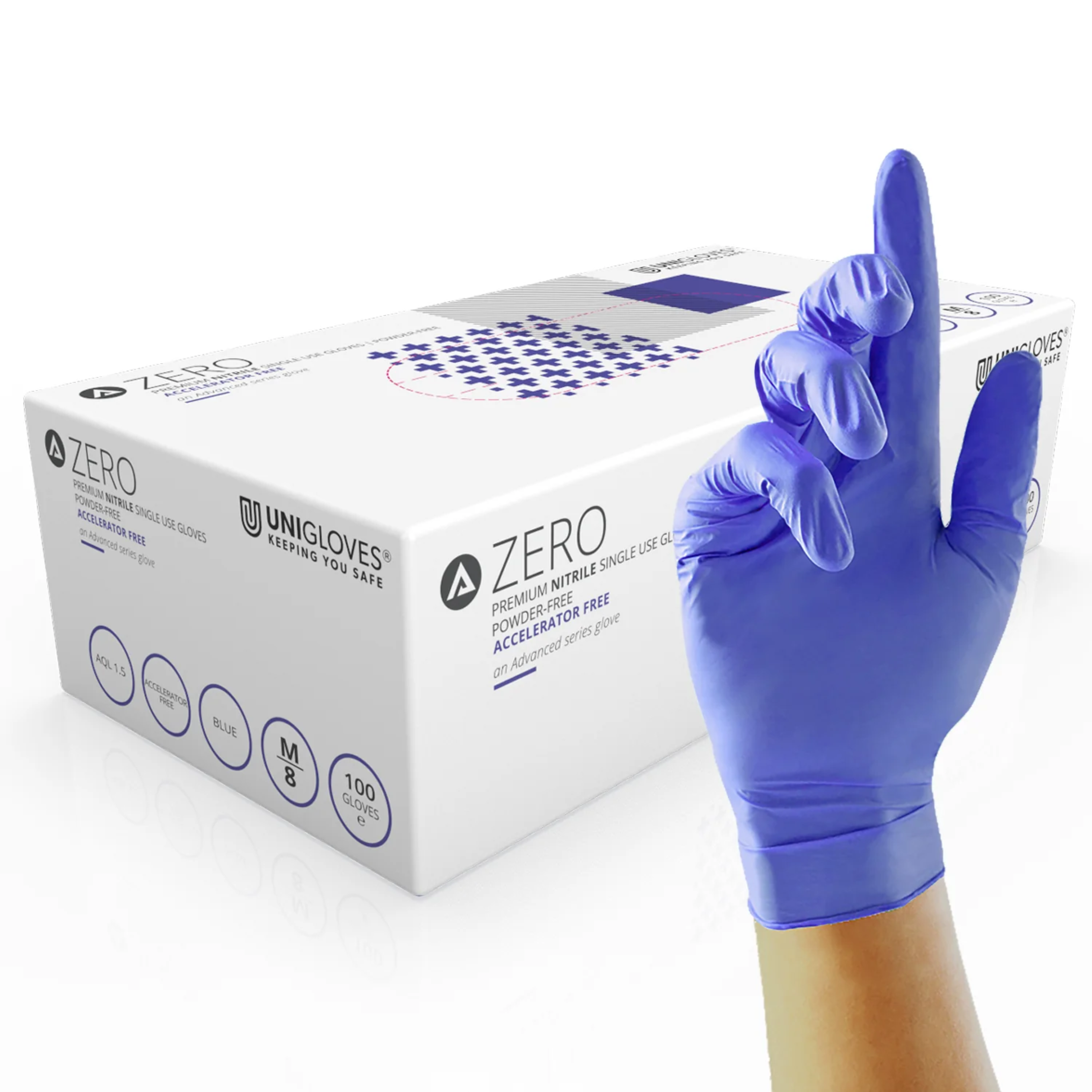 Unigloves Zero Powder-Free Nitrile Gloves, Blue, 1000/Case