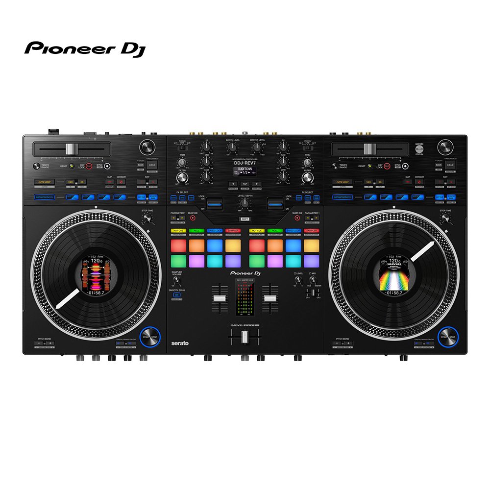 The Pioneer DDJ-REV7 is a powerful all-in-one DJ controller featuring motorised platters for a truly natural feel when mixing and scratching