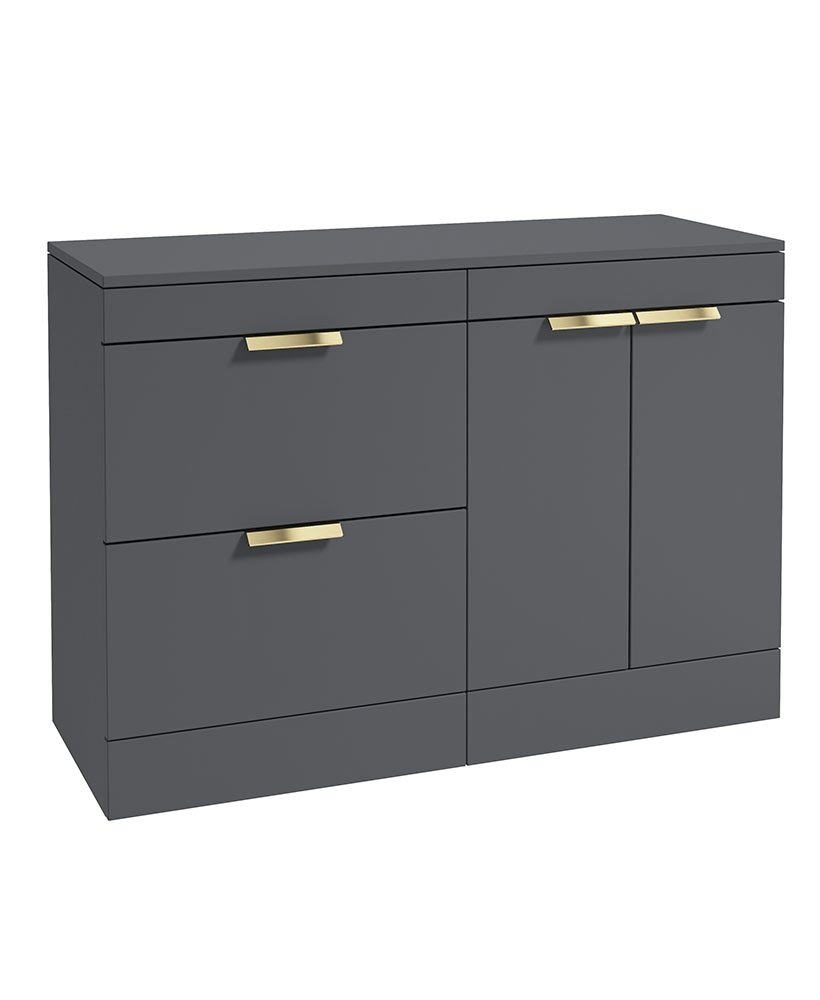 STOCKHOLM 120CM FLOOR STANDING TWO DRAWER/TWO DOOR MIDNIGHT GREY MATT  COUNTERTOP VANITY UNIT - BRUSHED GOLD HANDLE