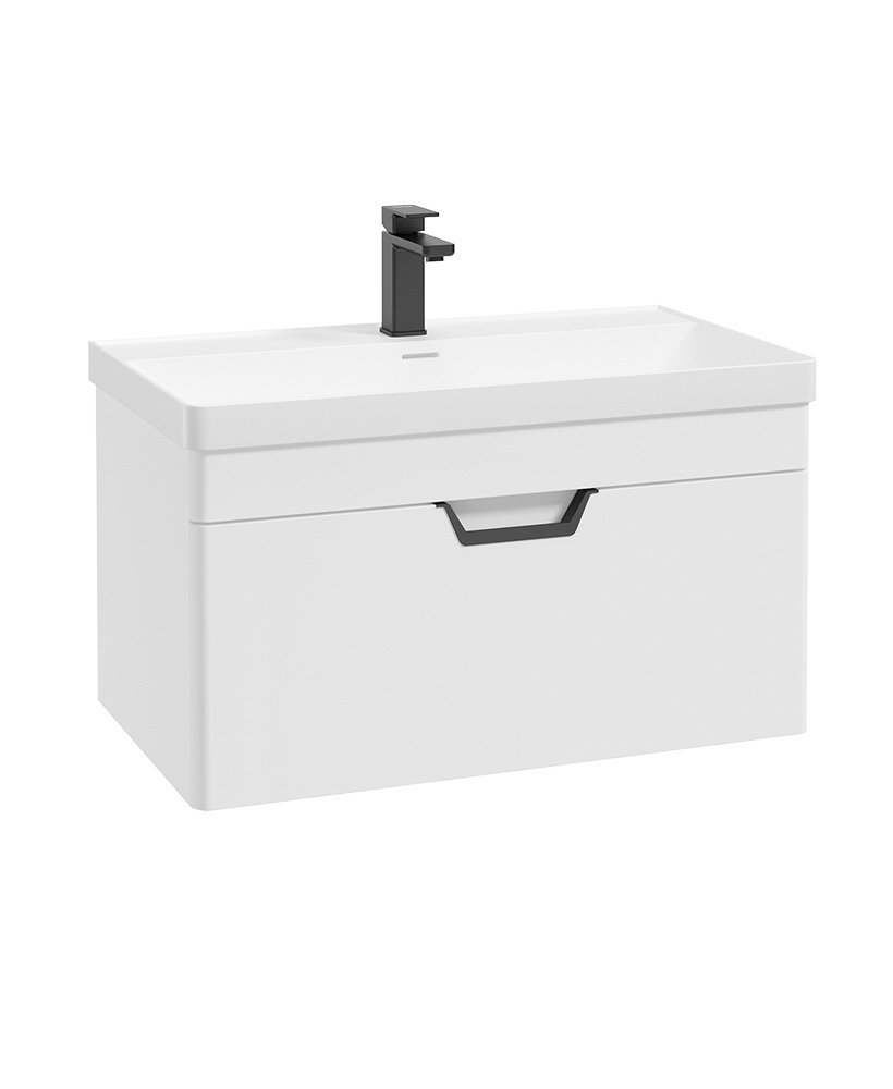 FREYA 80CM 1 DRAWER WALL HUNG VANITY UNIT MATT WHITE-MATT BLACK HANDLE
