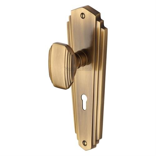 CHA1900-AT - Heritage Brass Mortice Knob On Lock Plate Charlston Design Antique Brass Finish