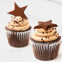 milk chocolate stars decorated on top of a chocolate cupcake with light brown cocoa frosting