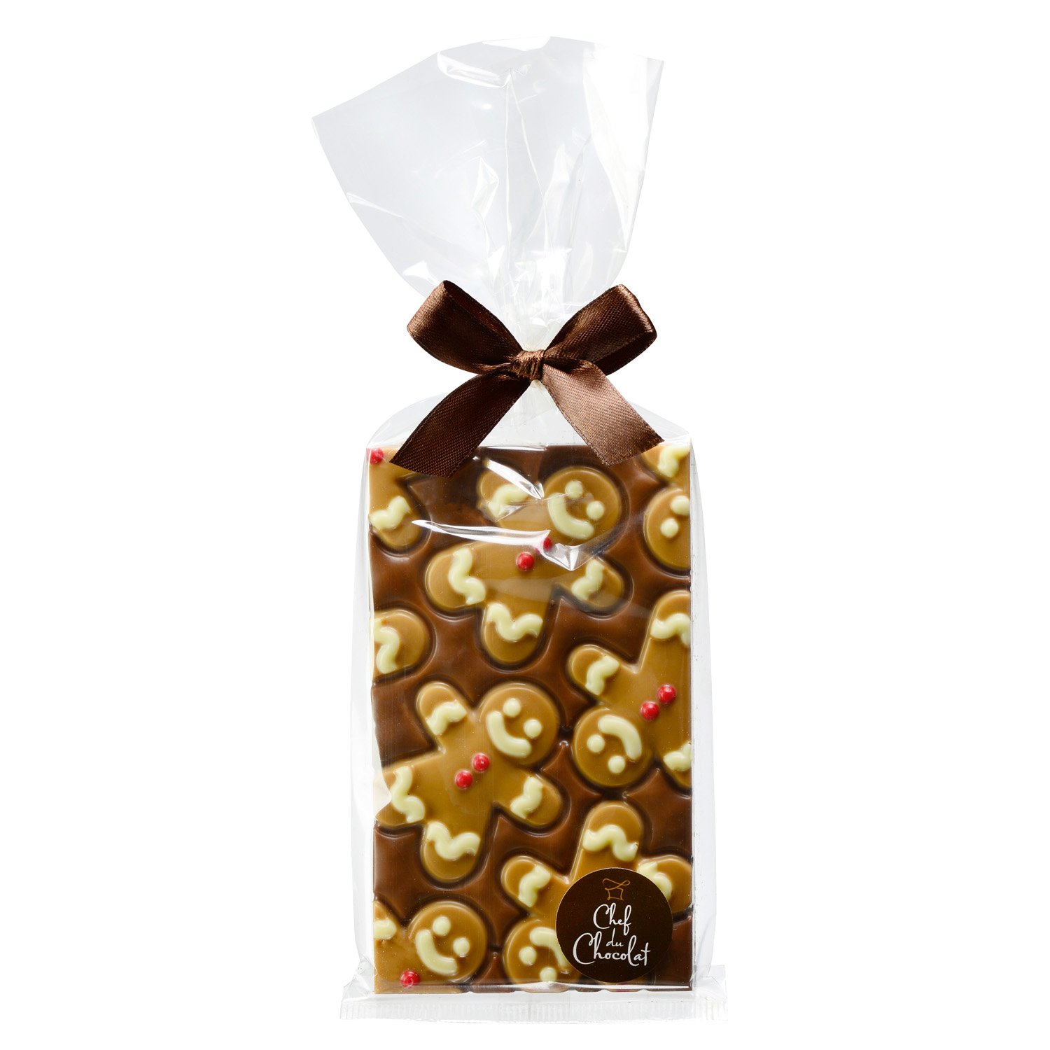 Decorated milk choc bar with gingerbread design in cello bag - 8 x 150g