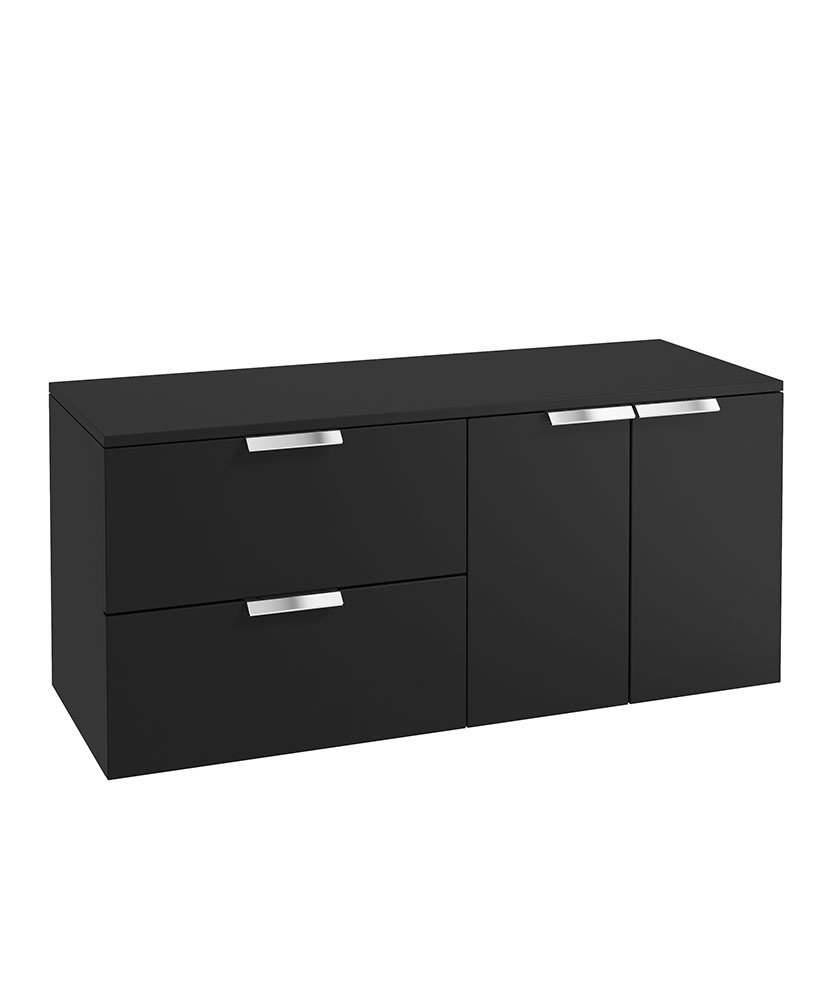 STOCKHOLM 120CM WALL HUNG TWO DRAWER/TWO DOOR MATT BLACK  COUNTERTOP VANITY UNIT - BRUSHED CHROME HANDLE