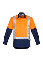 ZW124-MENS HI VIS SPLICED INDUSTRIAL SHIRT - SHOULDER TAPED ORG/NVY